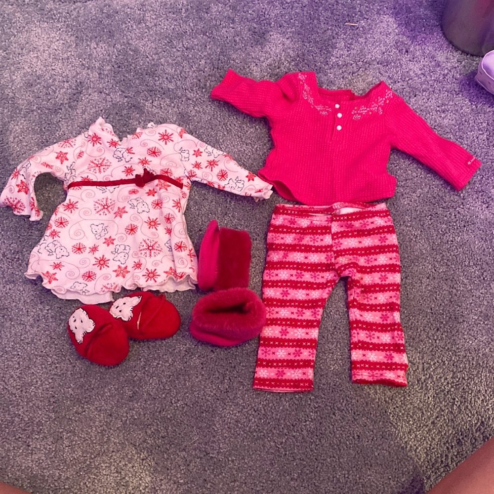 American Girl 18" Doll Pink Fair Isle Snowflakes and Coconut Winter Pajama Sets